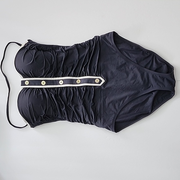 Women's Black One Piece Swimsuit Gold Button Feature Front Rusched Size S/M - Picture 7 of 15